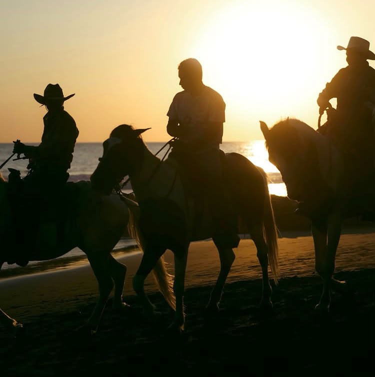 Horseback riders on the beach at sunset